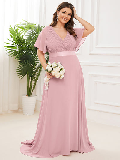 Damen V-Ausschnitt Lange Chiffon Abendkleider mit Schleppe #Farbe_Altrosa