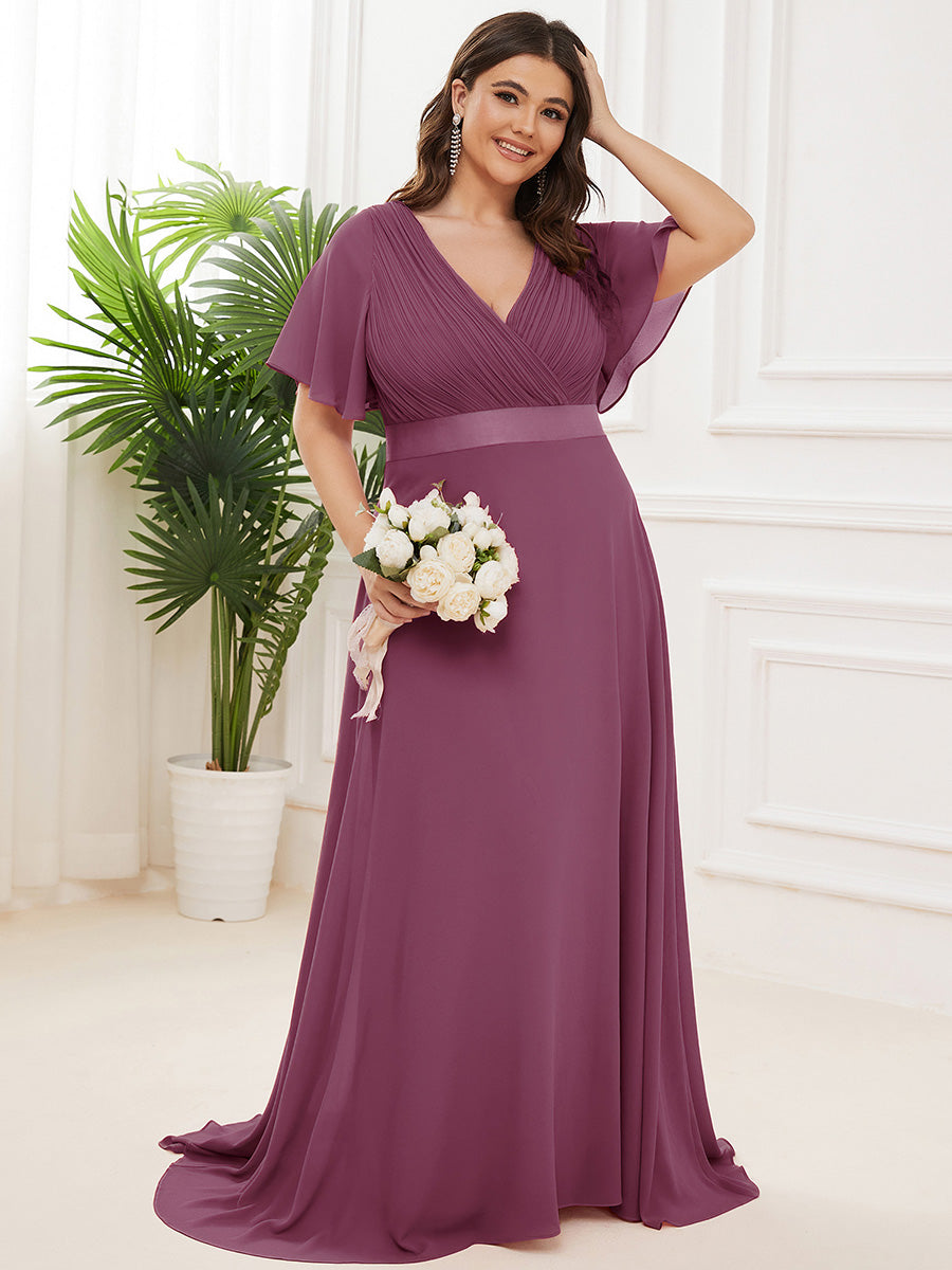 Minimalistisches A-Line Maxi Chiffon Brautkleid mit Satingürtel #Farbe_Pflaumenviolett