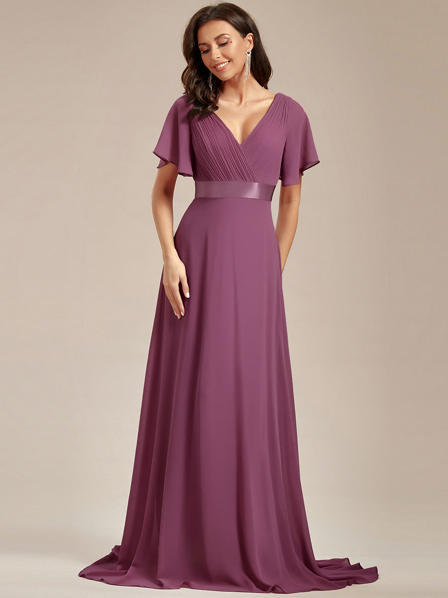 Minimalistisches A-Line Maxi Chiffon Brautkleid mit Satingürtel #Farbe_Pflaumenviolett