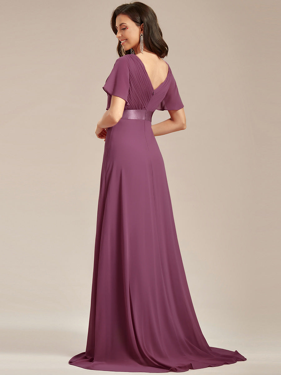 Minimalistisches A-Line Maxi Chiffon Brautkleid mit Satingürtel #Farbe_Pflaumenviolett