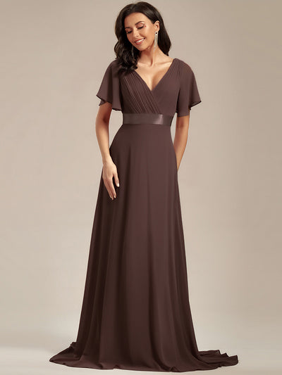 Minimalistisches A-Line Maxi Chiffon Brautkleid mit Satingürtel #Farbe_Espressobraun