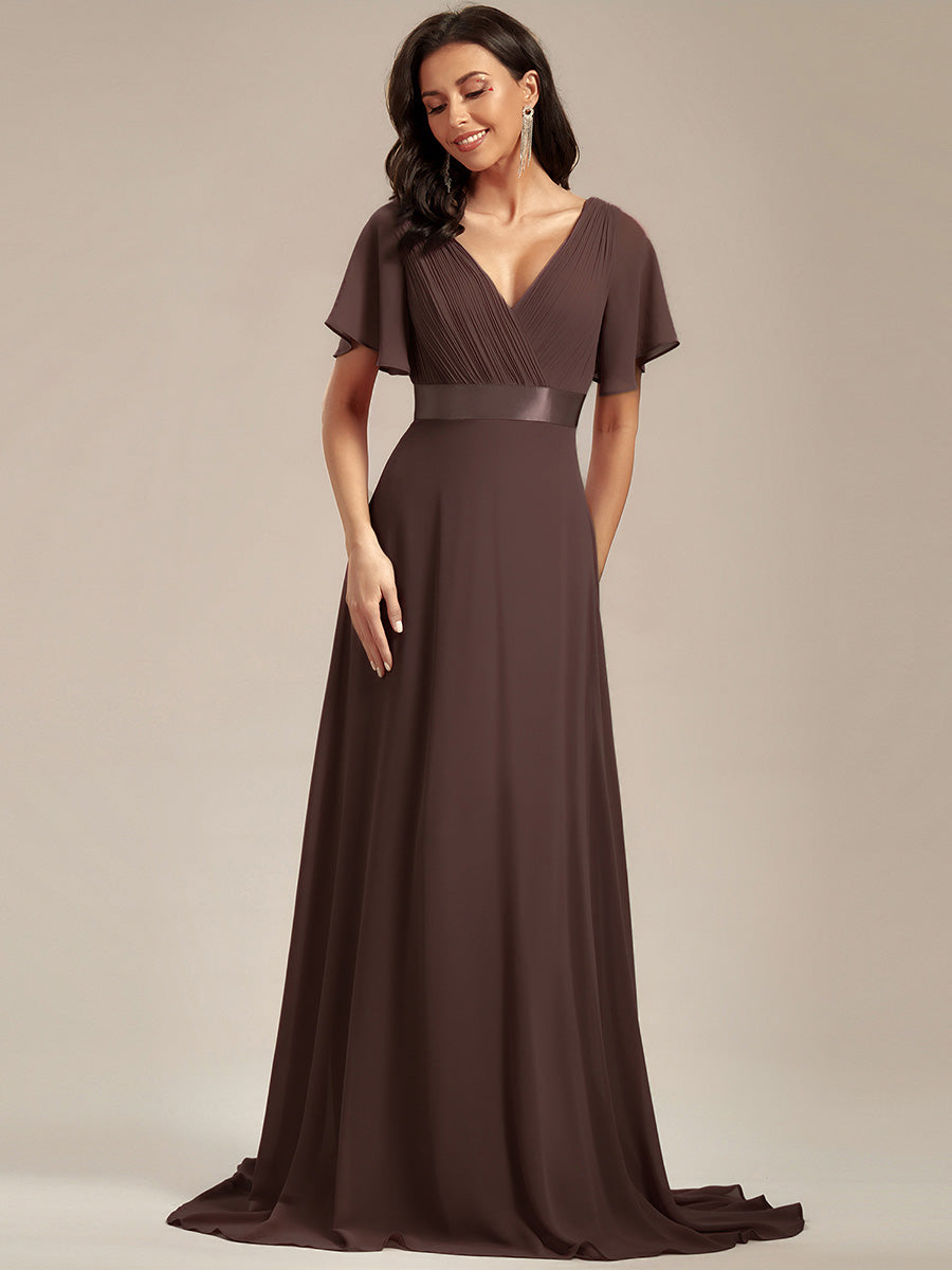 Minimalistisches A-Line Maxi Chiffon Brautkleid mit Satingürtel #Farbe_Espressobraun