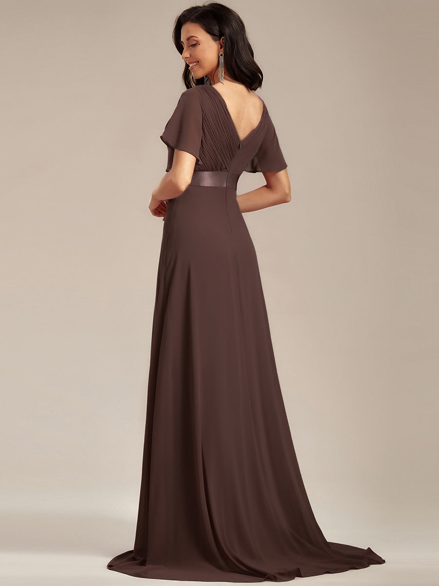 Minimalistisches A-Line Maxi Chiffon Brautkleid mit Satingürtel #Farbe_Espressobraun