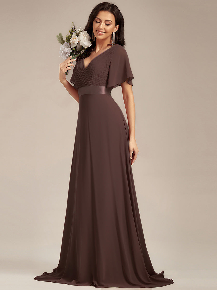 Minimalistisches A-Line Maxi Chiffon Brautkleid mit Satingürtel #Farbe_Espressobraun