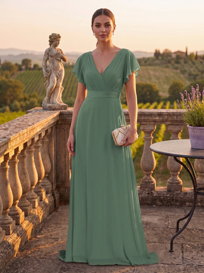 Langes Brautjungfernkleid mit Empire-Taille und kurzen, flatternden Ärmeln #Farbe_Eukalyptus