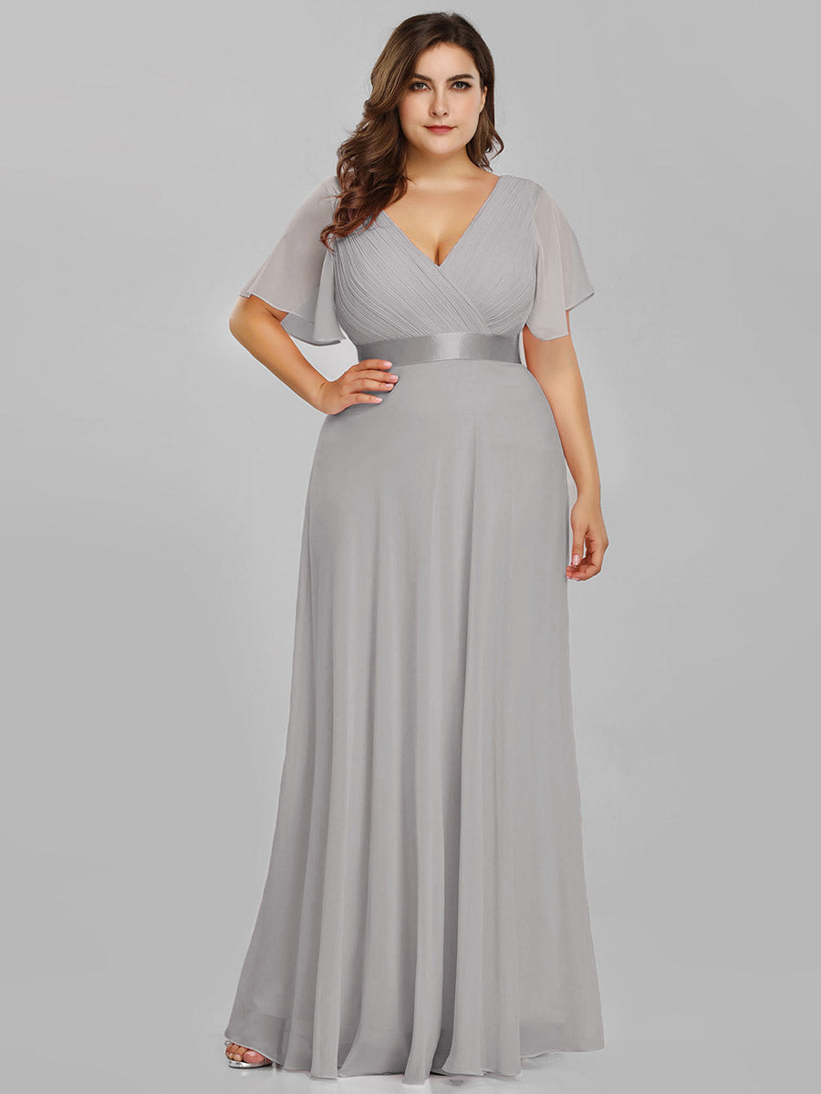 Langes Brautjungfernkleid mit Empire-Taille und kurzen, flatternden Ärmeln #Farbe_Grau