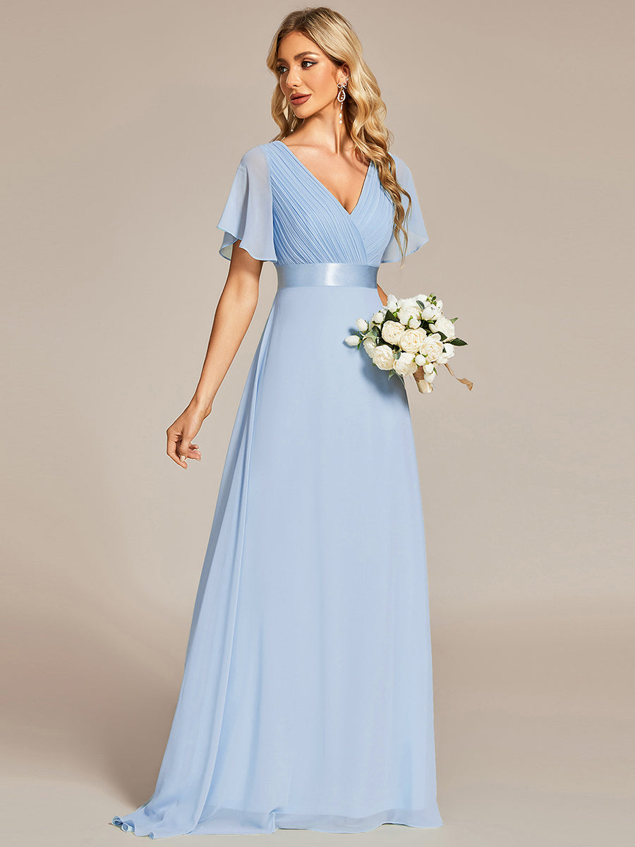 Minimalistisches A-Line Maxi Chiffon Brautkleid mit Satingürtel #Farbe_Eisblau