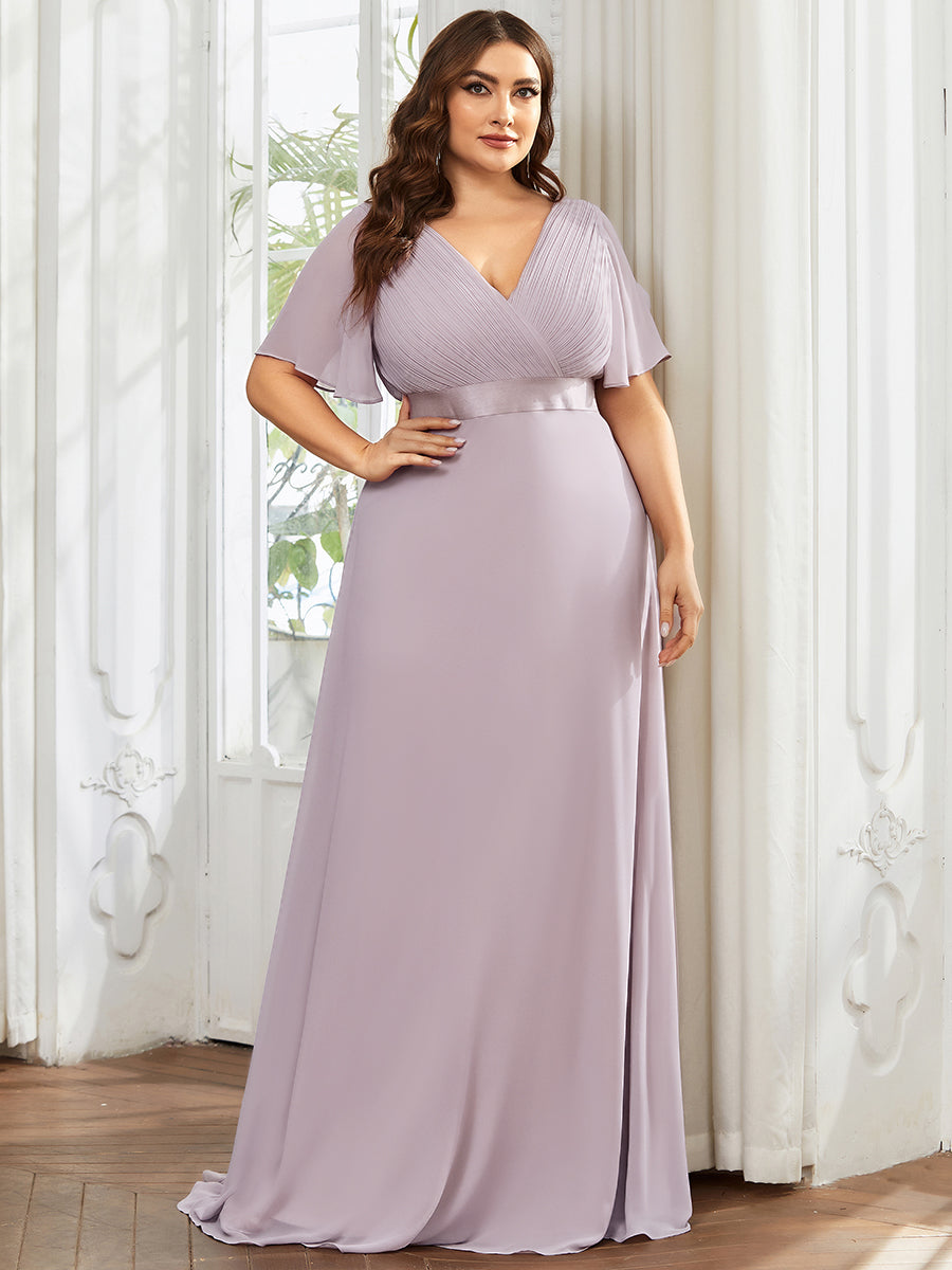 Damen V-Ausschnitt Chiffon Lange Abendkleider mit Schleppe #Farbe_Flieder