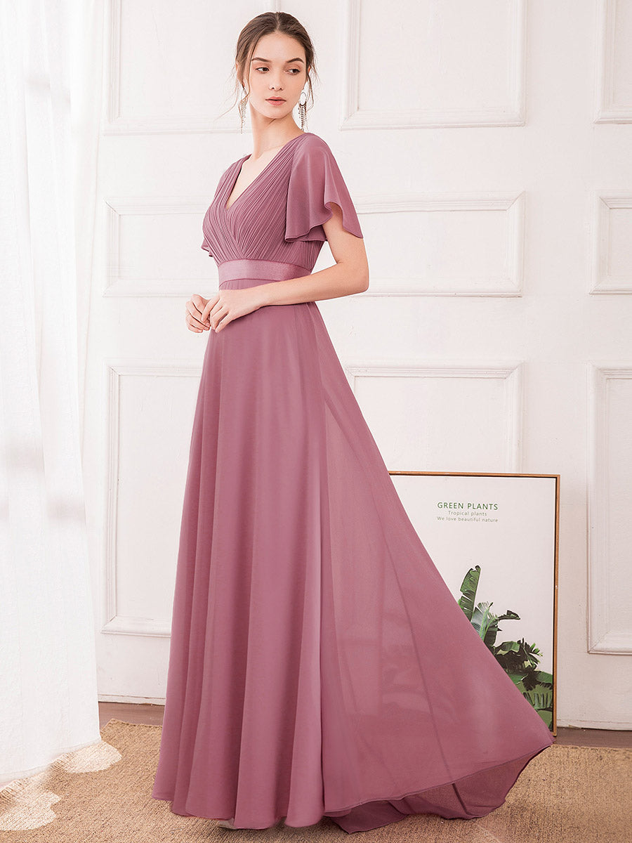 Langes Brautjungfernkleid mit Empire-Taille und kurzen, flatternden Ärmeln #Farbe_Orchid