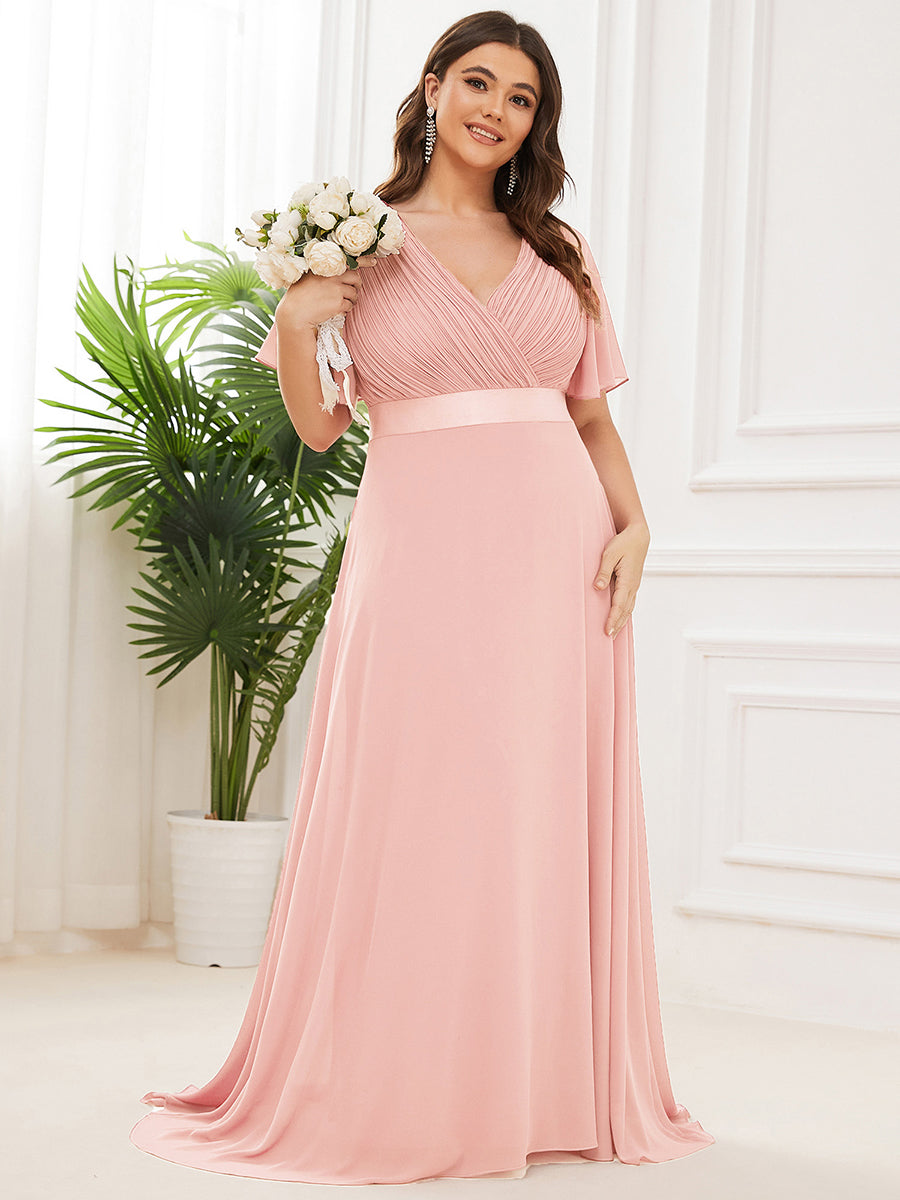 Damen V-Ausschnitt Chiffon Lange Abendkleider mit Schleppe #Farbe_Pink