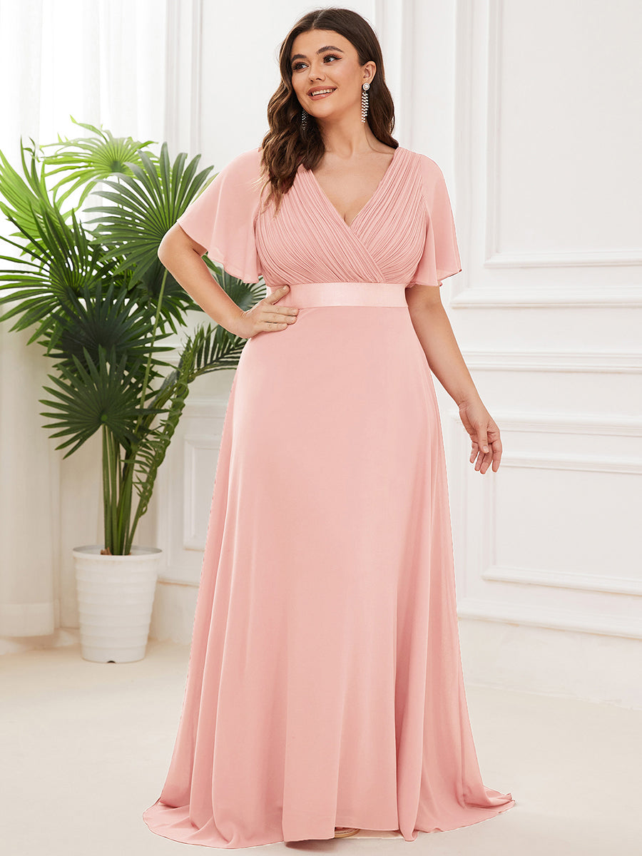 Damen V-Ausschnitt Chiffon Lange Abendkleider mit Schleppe #Farbe_Pink