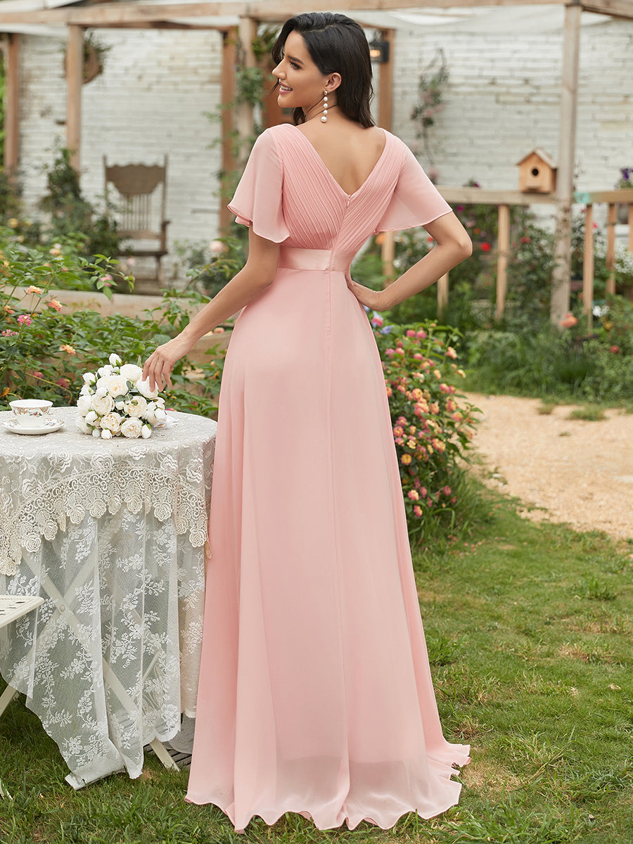 Elegantes Kleid für Hochzeitsgäste in A-Linie mit V-Ausschnitt und Flatterärmeln