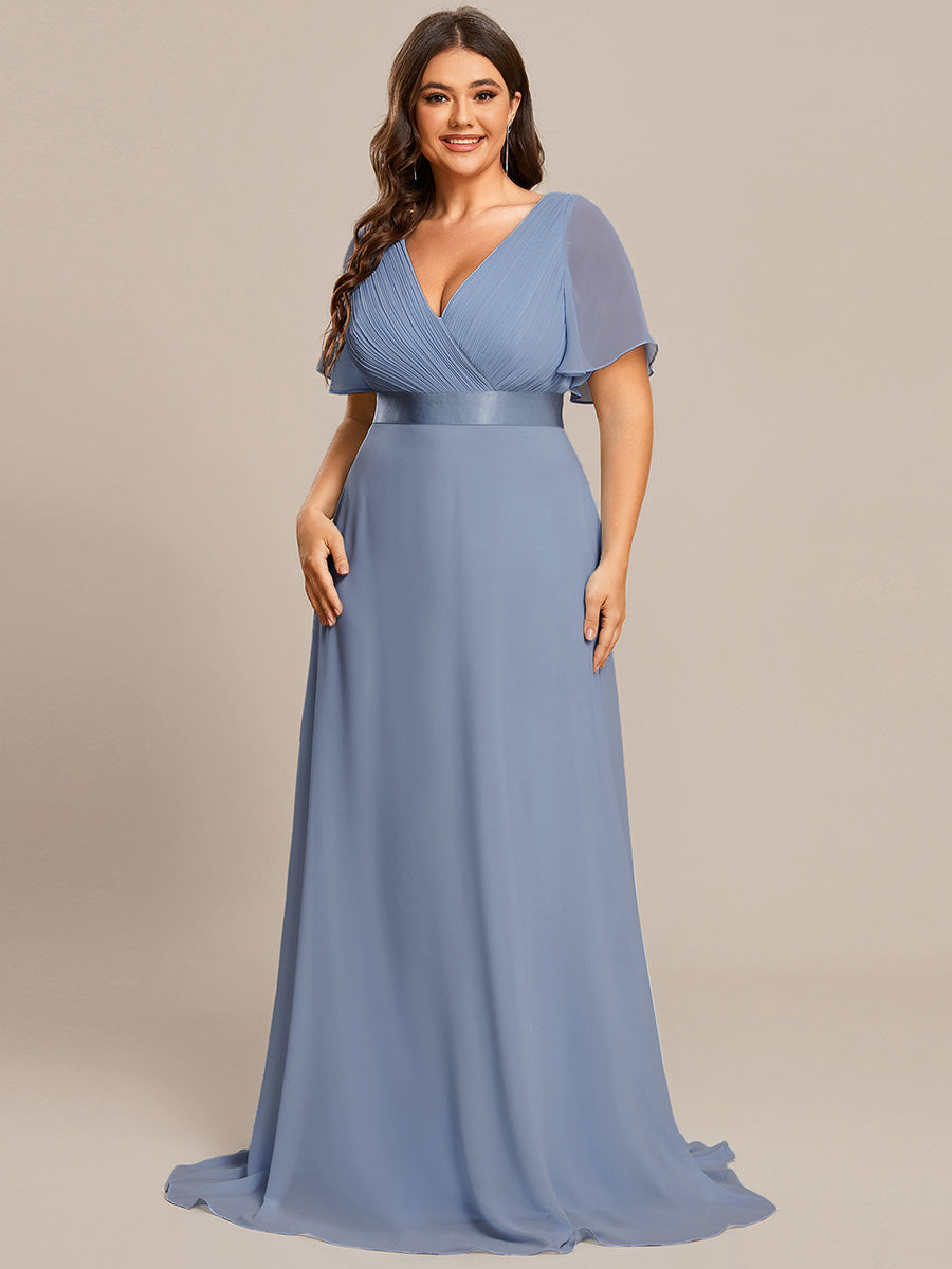 Minimalistisches A-Line Maxi Chiffon Brautkleid mit Satingürtel #Farbe_Schieferblau