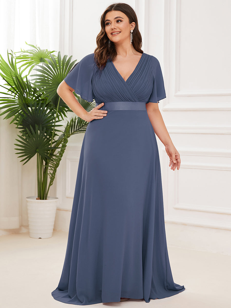 Damen V-Ausschnitt Lange Chiffon Abendkleider mit Schleppe #Farbe_Stahlblau