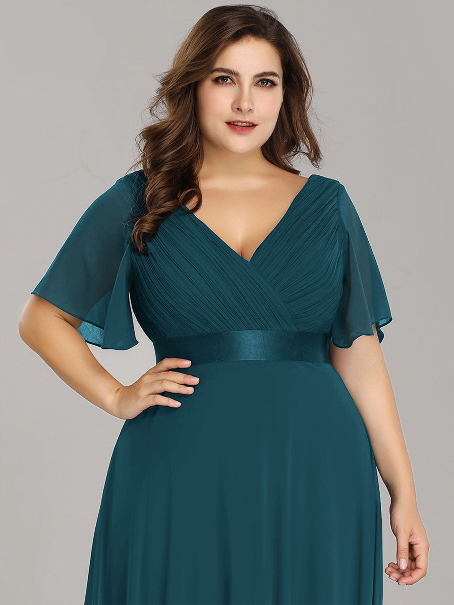 Damen V-Ausschnitt Lange Chiffon Abendkleider mit Schleppe #Farbe_Petrol