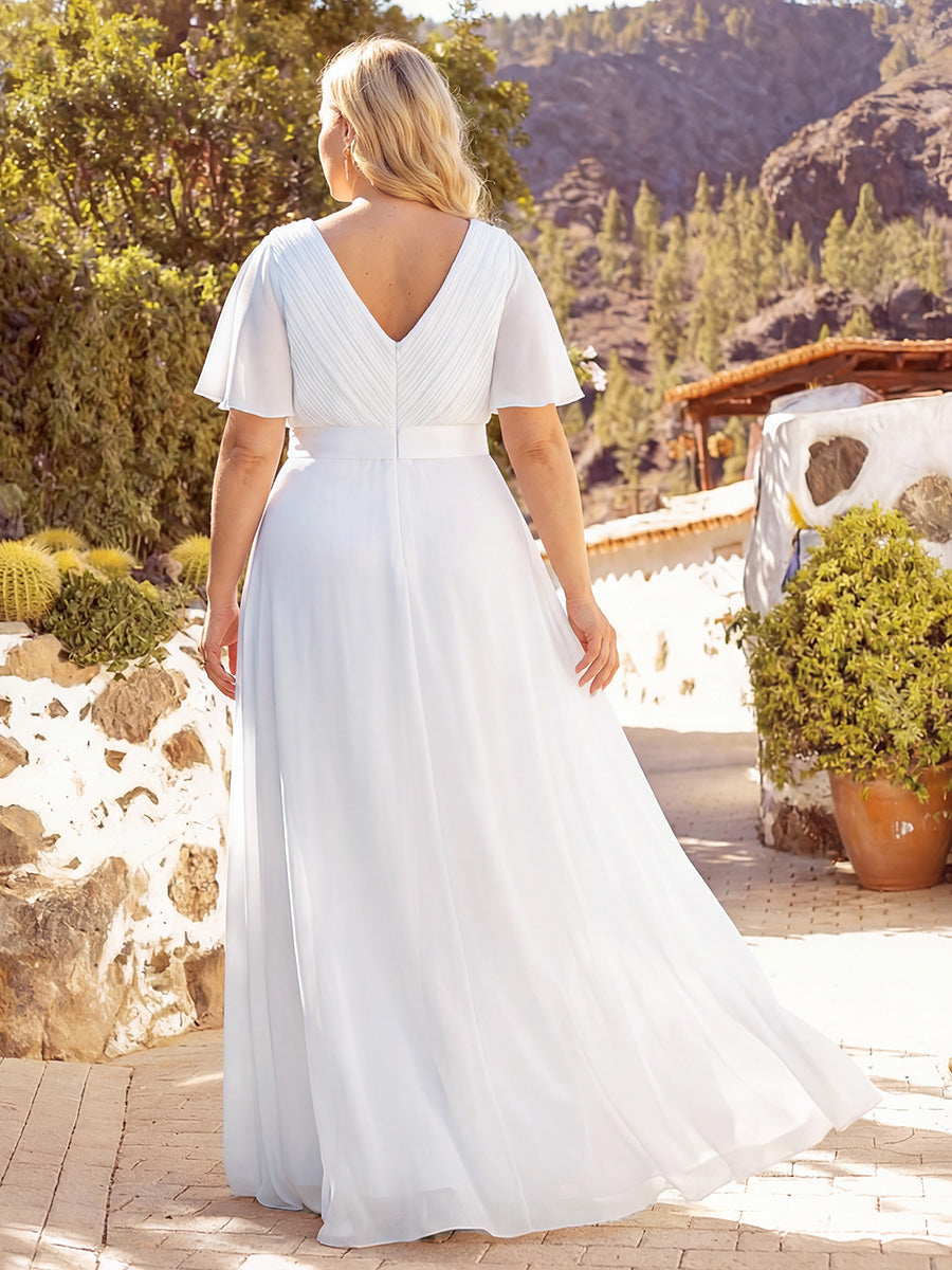 Damen V-Ausschnitt Lange Chiffon Abendkleider mit Schleppe #Farbe_Weiß