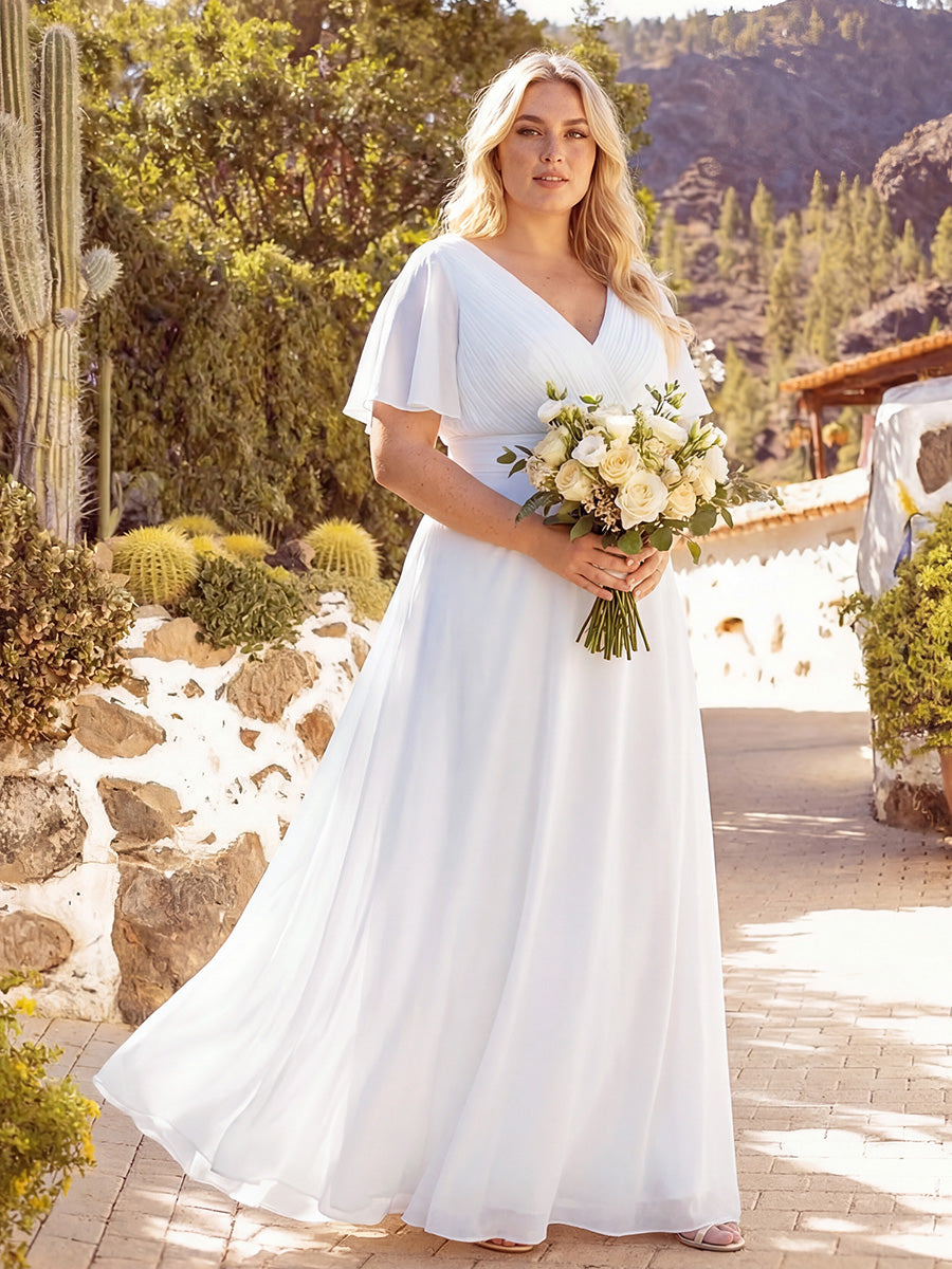Damen V-Ausschnitt Lange Chiffon Abendkleider mit Schleppe #Farbe_Weiß