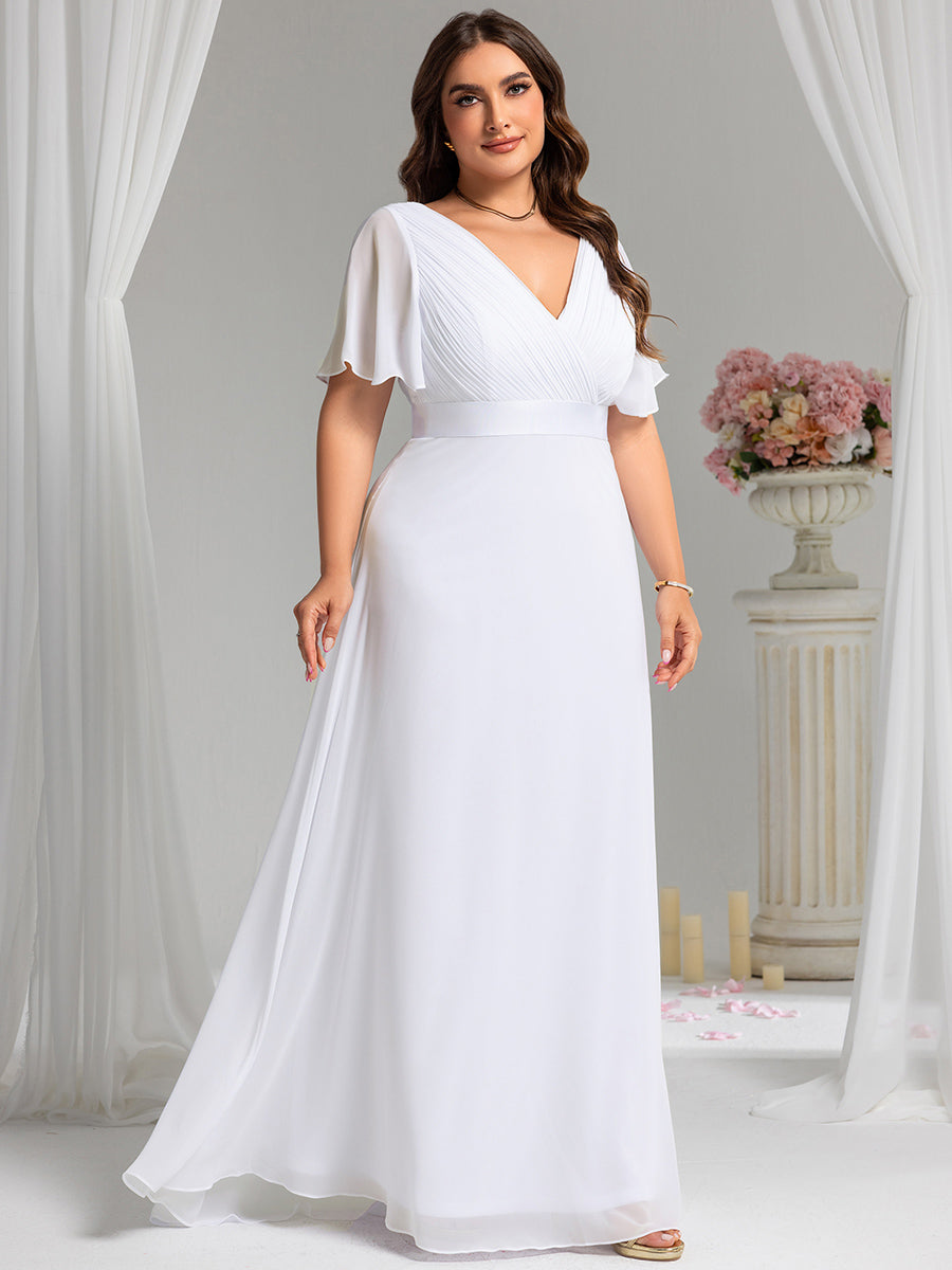 Damen V-Ausschnitt Chiffon Lange Abendkleider mit Schleppe #Farbe_Weiß