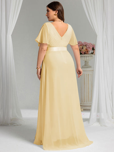 Damen V-Ausschnitt Lange Chiffon Abendkleider mit Schleppe #Farbe_Gelb