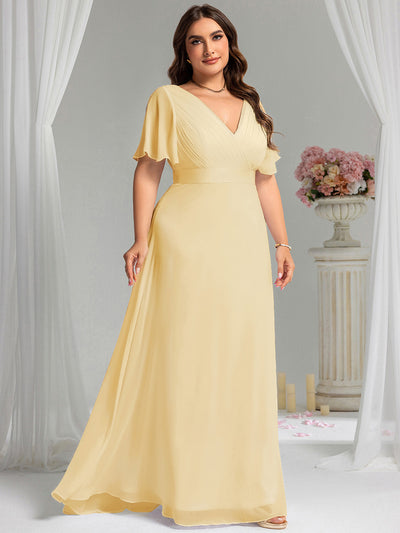 Damen V-Ausschnitt Lange Chiffon Abendkleider mit Schleppe #Farbe_Gelb