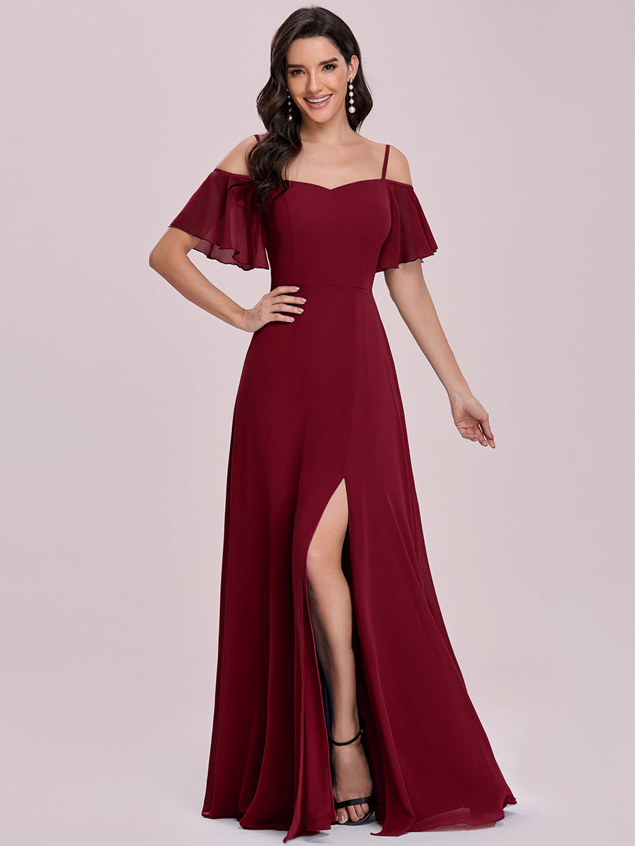Bodenlanger Offshoulder A-Linien Chiffon Kleid Mit Hohem Schlitz #Farbe_Burgunderrot