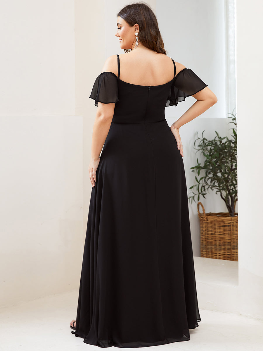 Bodenlanger Offshoulder A-Linien Chiffon Kleid Mit Hohem Schlitz #Farbe_Schwarz