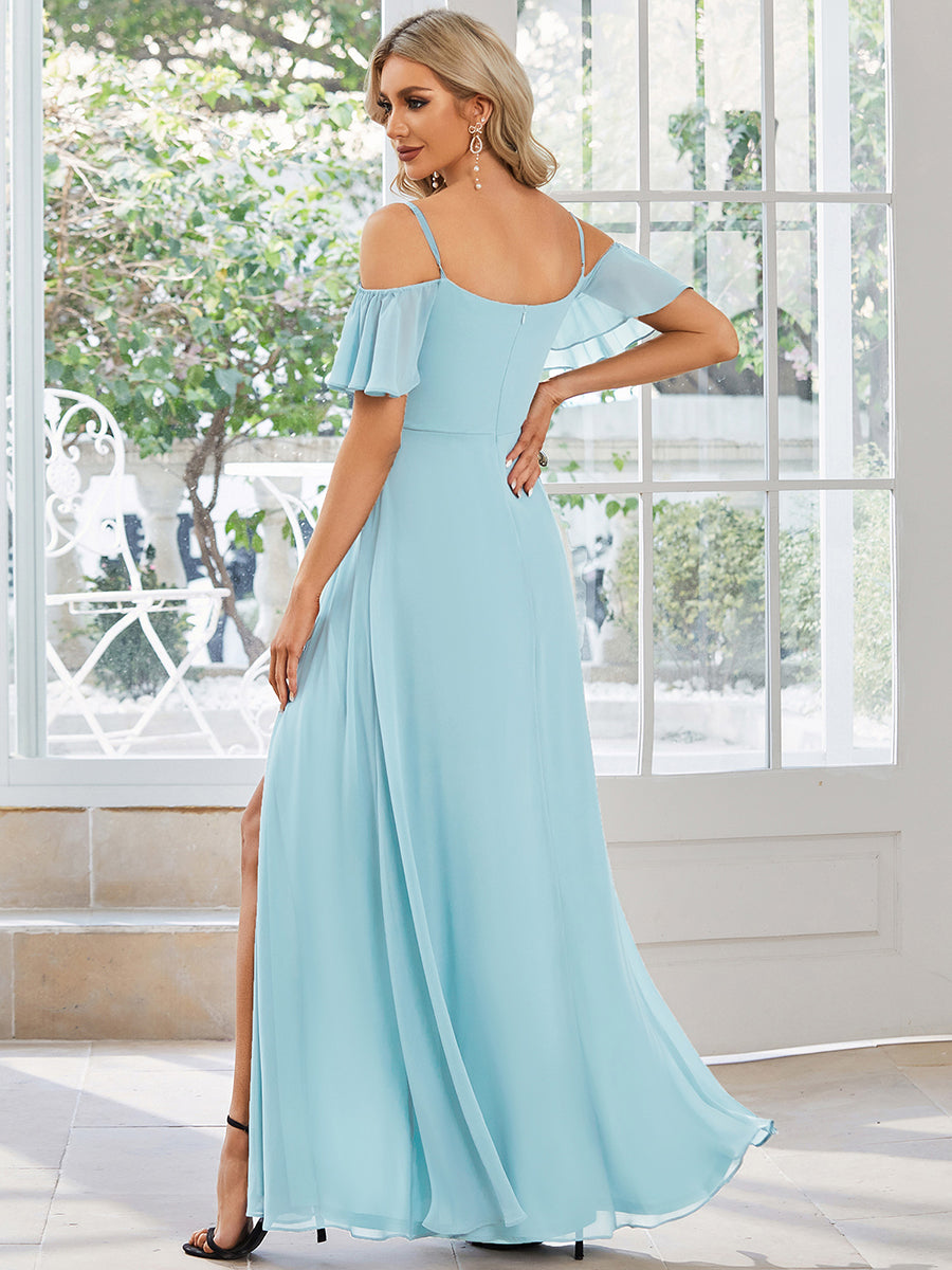 Bodenlanger Offshoulder A-Linien Chiffon Kleid Mit Hohem Schlitz #Farbe_Himmelblau