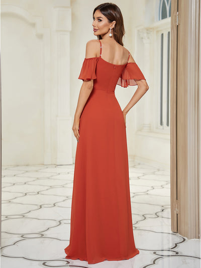 Bodenlanger Offshoulder A-Linien Chiffon Kleid Mit Hohem Schlitz #Farbe_Gebranntes Orange