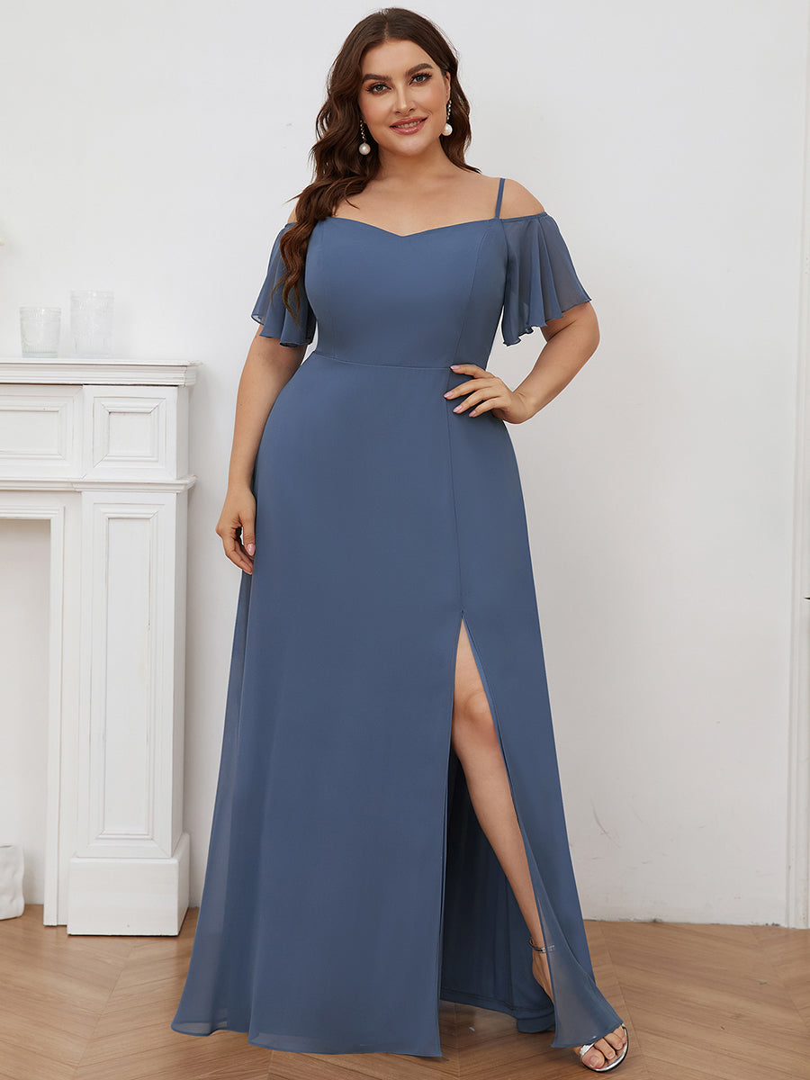 Bodenlanger Offshoulder A-Linien Chiffon Kleid Mit Hohem Schlitz #Farbe_Taubenblau
