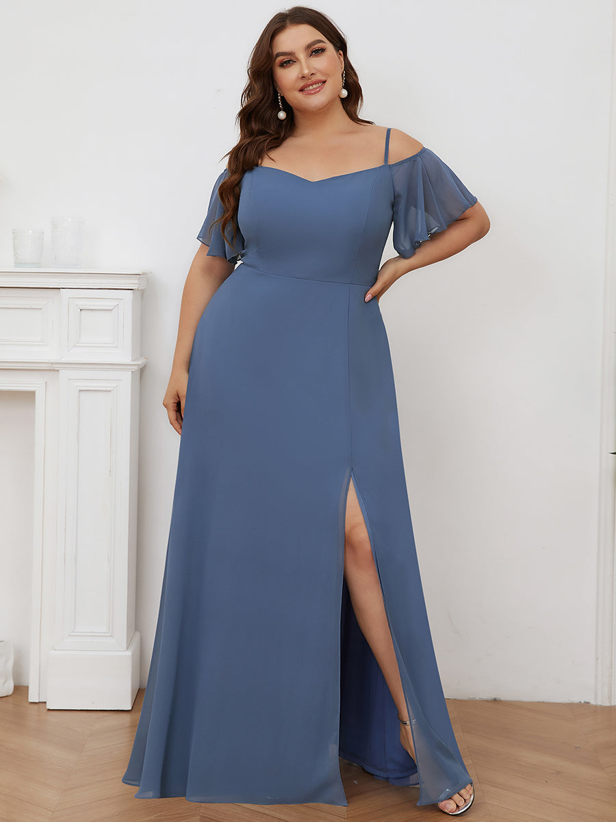 Bodenlanger Offshoulder A-Linien Chiffon Kleid Mit Hohem Schlitz #Farbe_Taubenblau