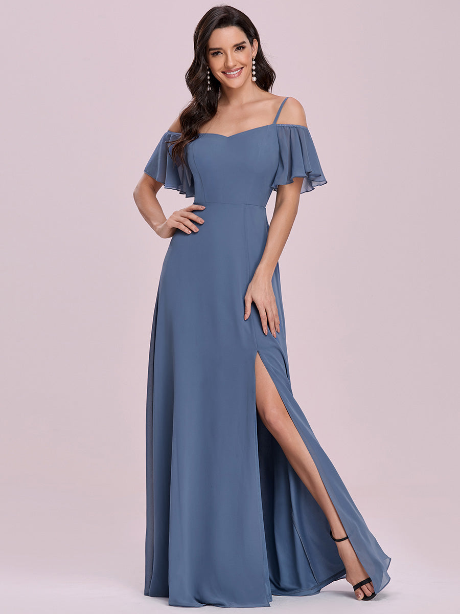 Bodenlanger Offshoulder A-Linien Chiffon Kleid Mit Hohem Schlitz #Farbe_Taubenblau