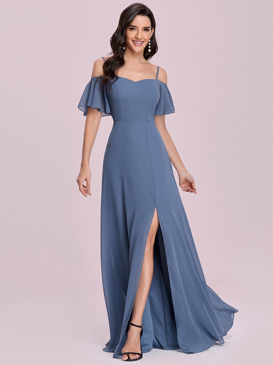 Bodenlanger Offshoulder A-Linien Chiffon Kleid Mit Hohem Schlitz #Farbe_Taubenblau
