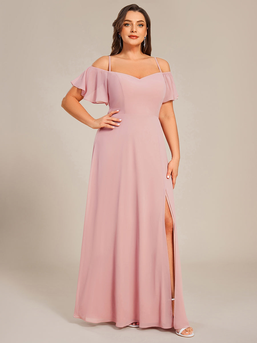 Bodenlanger Offshoulder A-Linien Chiffon Kleid Mit Hohem Schlitz #Farbe_Altrosa