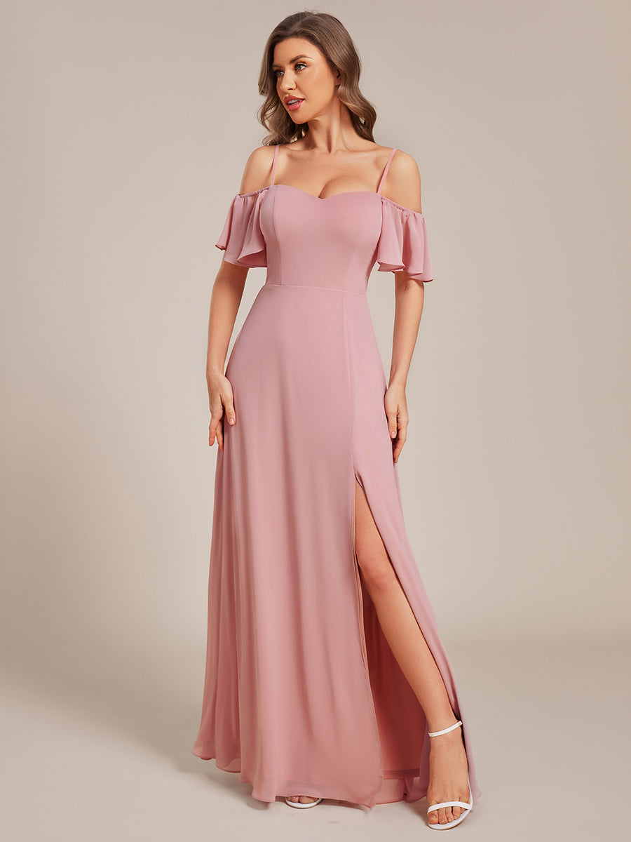 Bodenlanger Offshoulder A-Linien Chiffon Kleid Mit Hohem Schlitz #Farbe_Altrosa