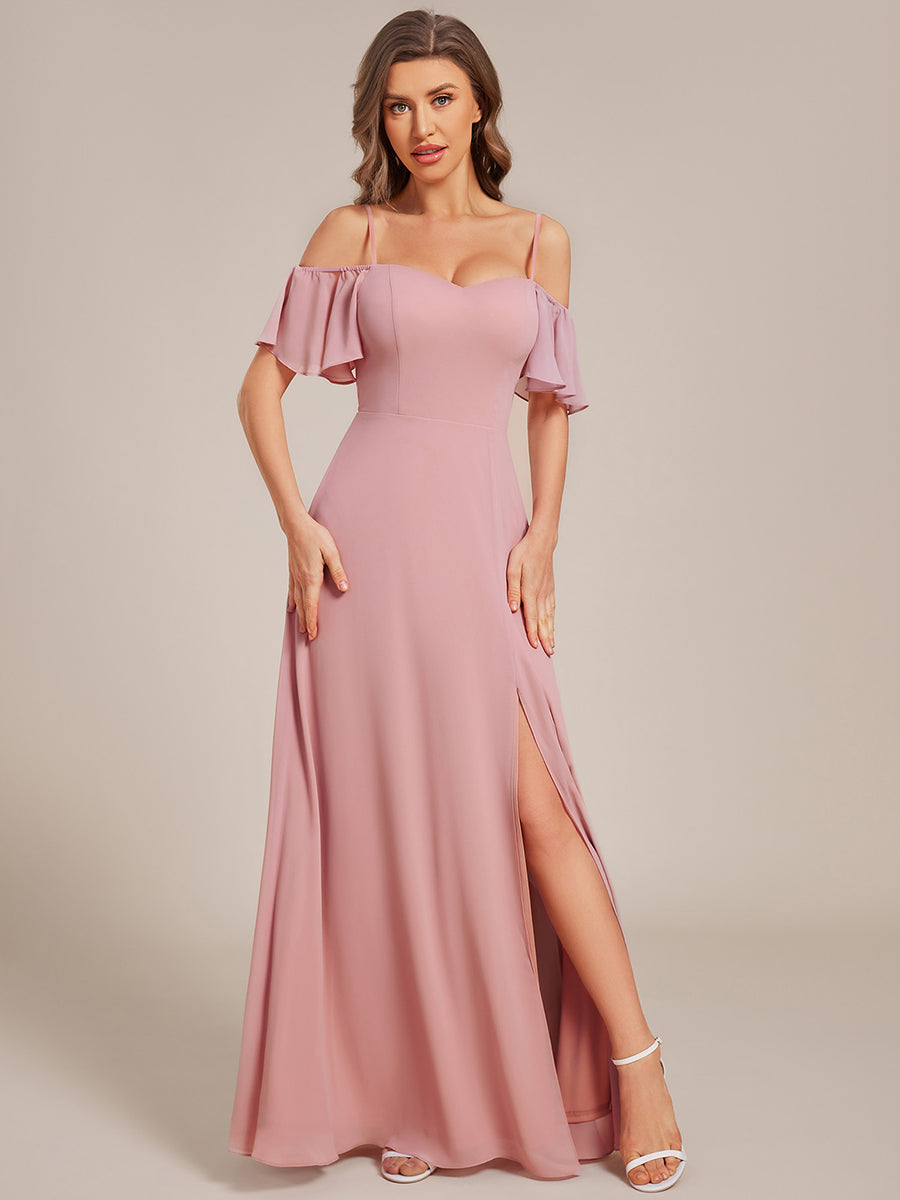 Bodenlanger Offshoulder A-Linien Chiffon Kleid Mit Hohem Schlitz #Farbe_Altrosa