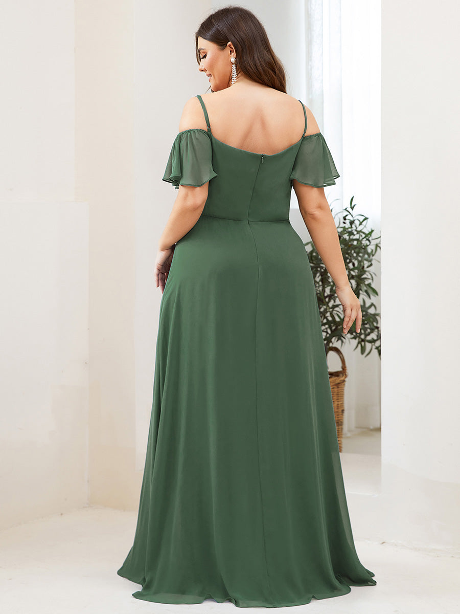 Bodenlanger Offshoulder A-Linien Chiffon Kleid Mit Hohem Schlitz #Farbe_Eukalyptus