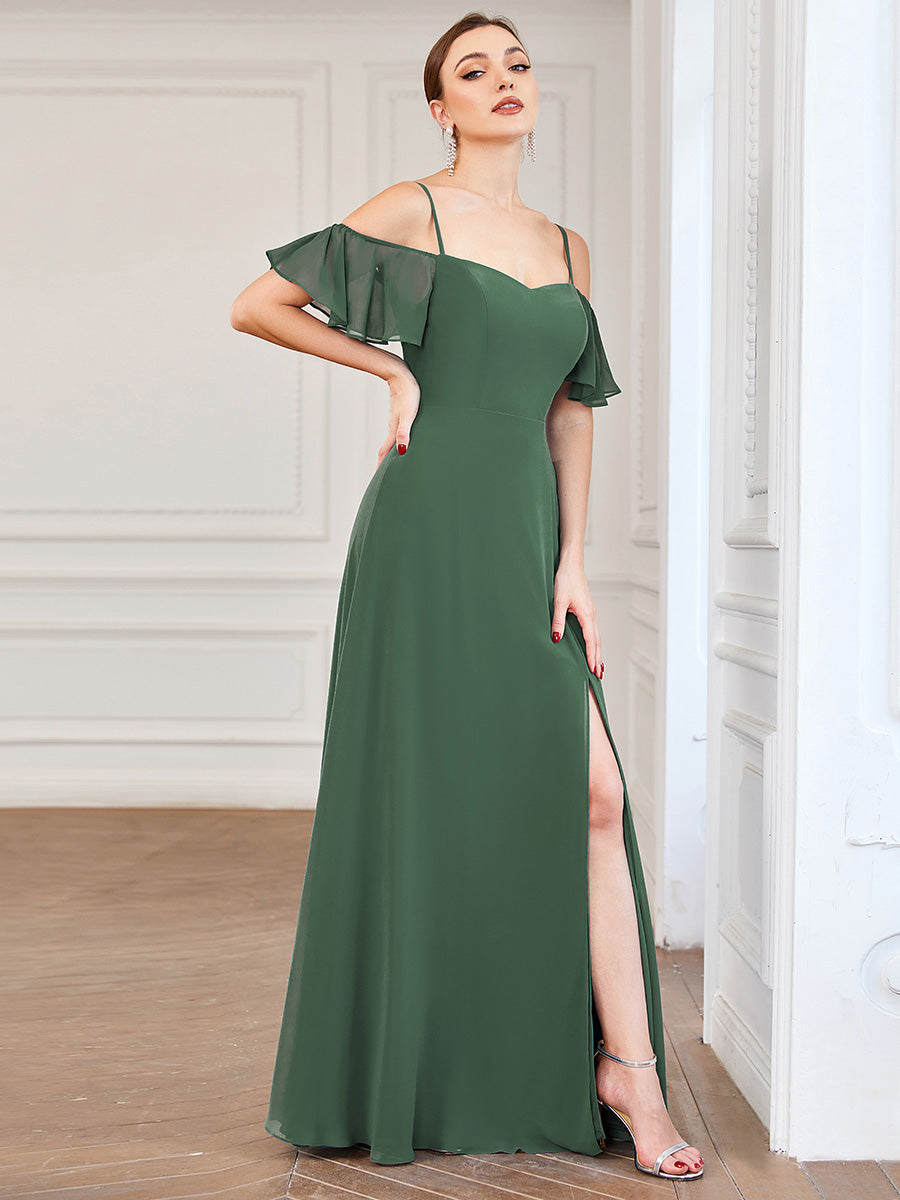 Bodenlanger Offshoulder A-Linien Chiffon Kleid Mit Hohem Schlitz #Farbe_Eukalyptus