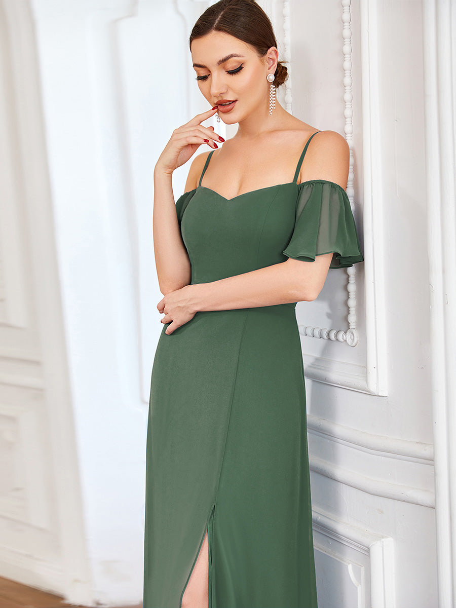 Bodenlanger Offshoulder A-Linien Chiffon Kleid Mit Hohem Schlitz #Farbe_Eukalyptus