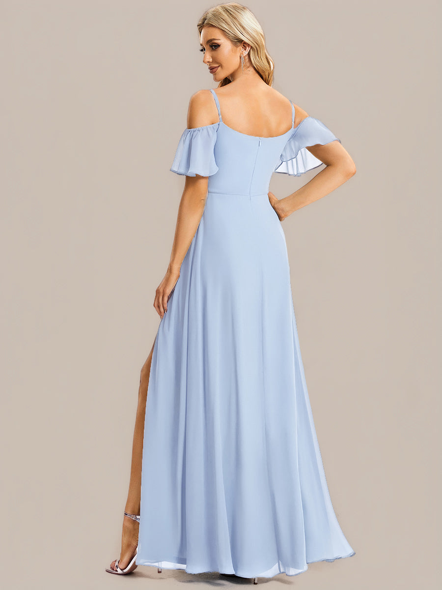 Bodenlanger Offshoulder A-Linien Chiffon Kleid Mit Hohem Schlitz #Farbe_Eisblau