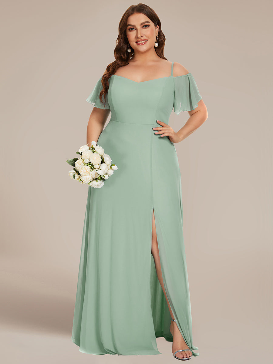 Bodenlanger Offshoulder A-Linien Chiffon Kleid Mit Hohem Schlitz #Farbe_Mintgrün