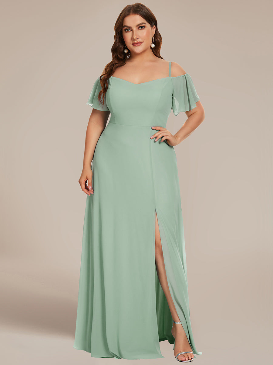 Bodenlanger Offshoulder A-Linien Chiffon Kleid Mit Hohem Schlitz #Farbe_Mintgrün
