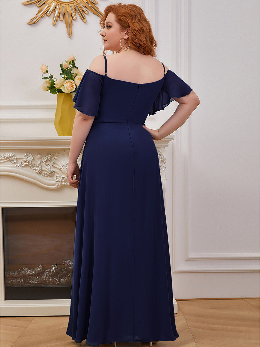Bodenlanger Offshoulder A-Linien Chiffon Kleid Mit Hohem Schlitz #Farbe_Marineblau