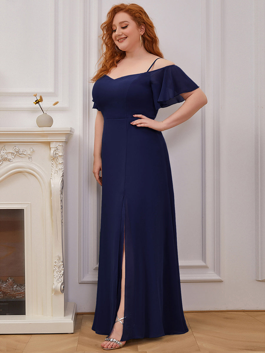 Bodenlanger Offshoulder A-Linien Chiffon Kleid Mit Hohem Schlitz #Farbe_Marineblau