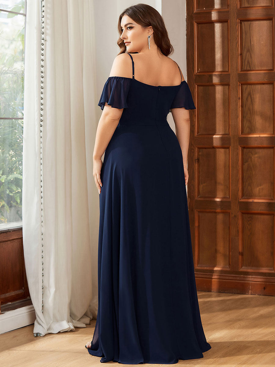 Bodenlanger Offshoulder A-Linien Chiffon Kleid Mit Hohem Schlitz #Farbe_Marineblau