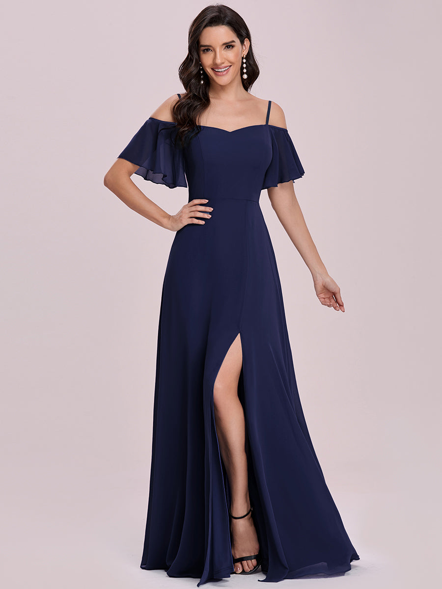 Bodenlanger Offshoulder A-Linien Chiffon Kleid Mit Hohem Schlitz #Farbe_Marineblau