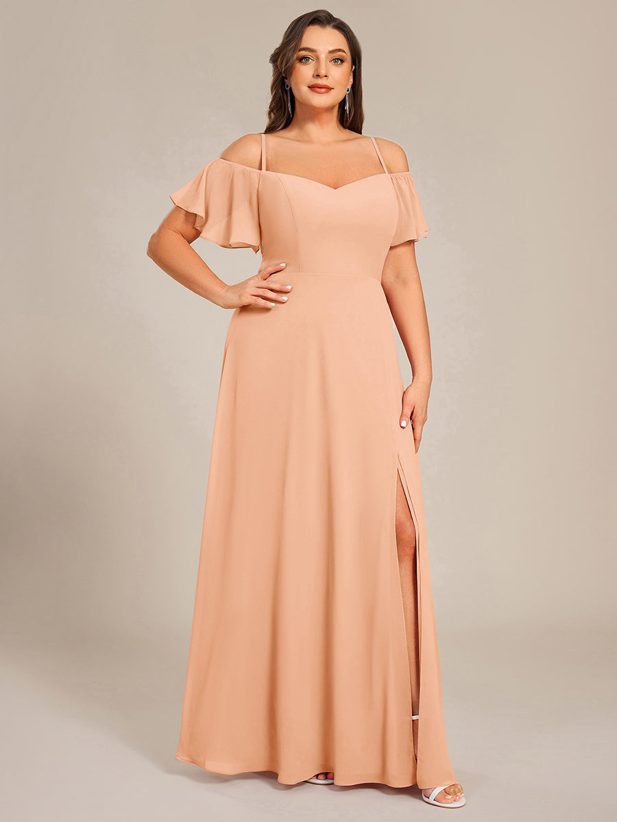 Bodenlanger Offshoulder A-Linien Chiffon Kleid Mit Hohem Schlitz #Farbe_Pfirsich