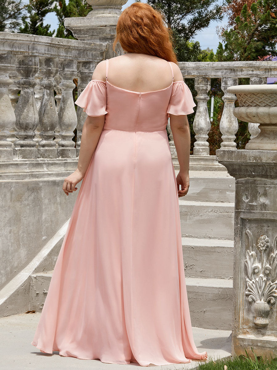 Bodenlanger Offshoulder A-Linien Chiffon Kleid Mit Hohem Schlitz #Farbe_Pink