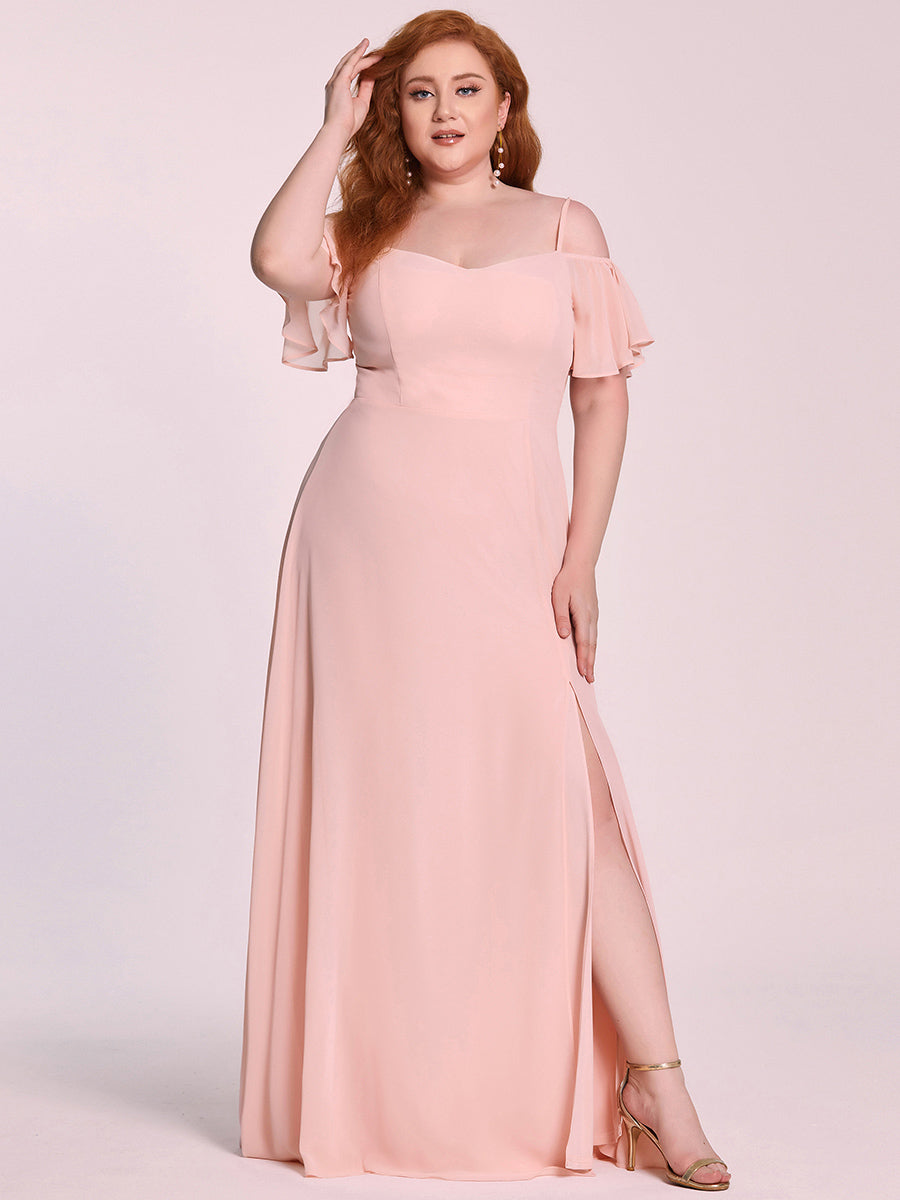 Bodenlanger Offshoulder A-Linien Chiffon Kleid Mit Hohem Schlitz #Farbe_Pink