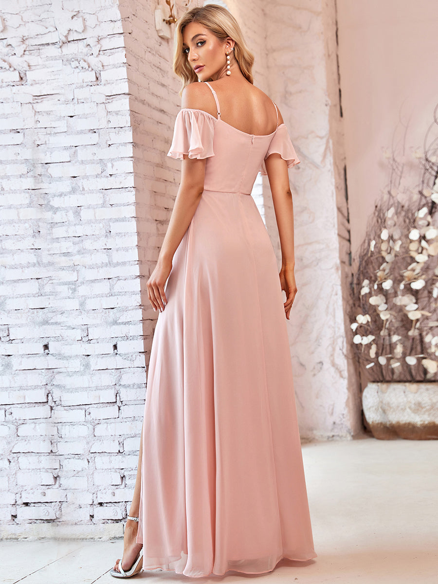 Bodenlanger Offshoulder A-Linien Chiffon Kleid Mit Hohem Schlitz #Farbe_Pink