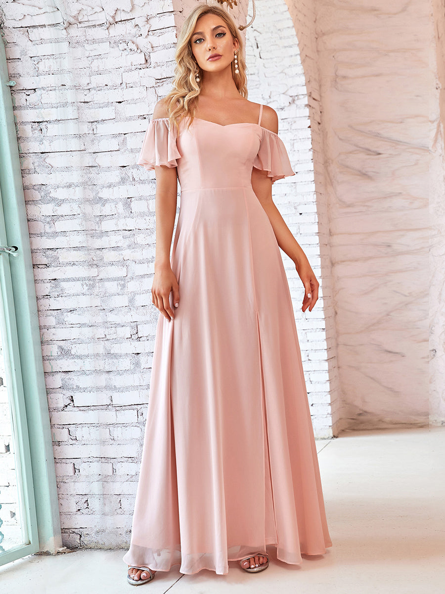Bodenlanger Offshoulder A-Linien Chiffon Kleid Mit Hohem Schlitz #Farbe_Pink